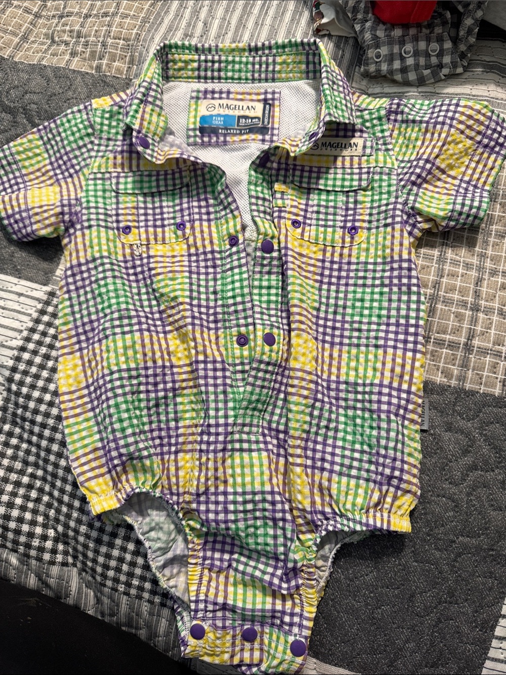 Magellan Outdoors Baby One-Piece Plaid Romper in Purple, Green, Yellow